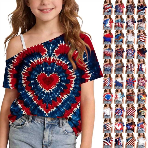 Miqool Girls American Flag Patriotic Tops 4th of July Cold Shoulder Short Sleeve T Shirts Y2k Cute Tunic Tops Independence Day Outfit Size 5-14Y