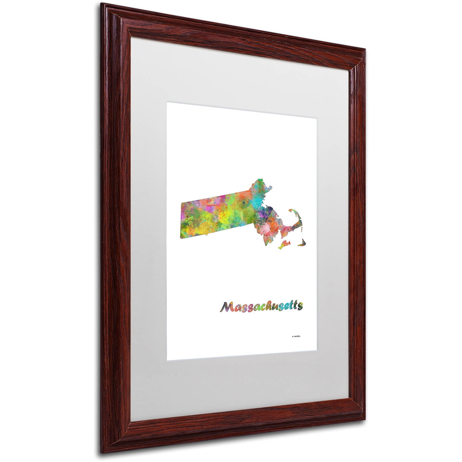 Trademark Fine Art "Massachusetts State Map-1" Canvas Art by Marlene Watson, White Matte, Wood Frame
