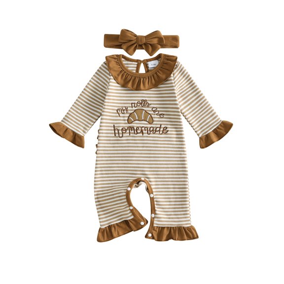 Cjfdfy Newborn Baby Girl Thanksgiving Clothes My Roll Are Homemade Embroidery Striped Romper Long Sleeve Jumpsuits With Headband Infant Cute Thanksgiving Fall Winter Outfits