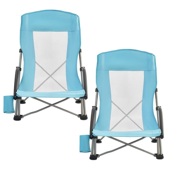 2 Pack Light Blue Folding High Back Beach Camping Chairs Extra Wide Seat 330 lbs Capacity Mesh Back Cup Pocket & Carry Bag