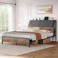thumbnail image 3 of Bed Frame with Charging Station, Metal Platform Bed with Ergonomic Large Storage Headboard, Metal Slats Support, Noise-Free, No Box Spring Needed, Rustic Brown, 3 of 9