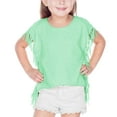 thumbnail image 2 of Kavio! Girls 3-6X Sheer Jersey Raw Edge Side Fringe Asymmetrical Cap Sleeve CropTop Black 5/6, 2 of 3