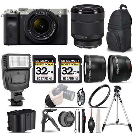 Sony a7C Mirrorless Camera (Silver) with 28-60mm Lens+28-70mm f/3.5-5.6 OSS Lens +Flash +64GB- Kit