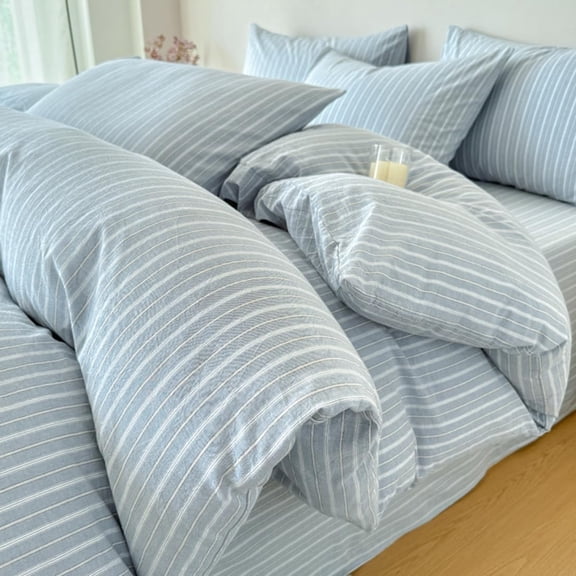 Blue Striped Duvet Cover Queen Size,100% Washed Cotton Stripes Pattern Soft Breathable,3pcs Bedding Set with Zipper Closure Corner Ties