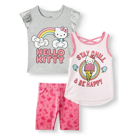 Hello Kitty Toddler Girls' Ice Cream Tops and Shorts, 3-Piece Outfit Set
