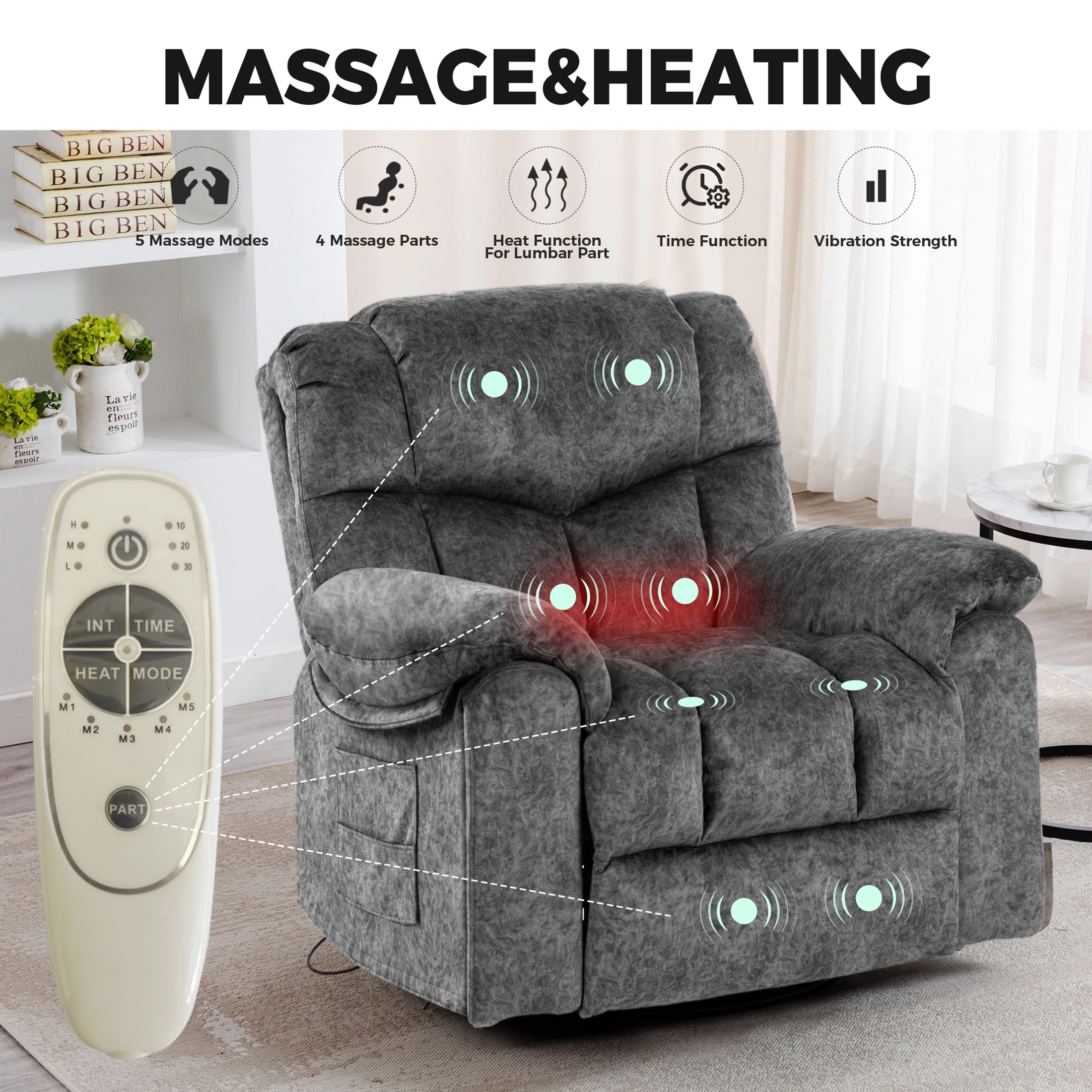 24" Width Swivel Recliner Chair, HSUNNS Rocker Reclining Chair with Massage and Heat Function, USB Port, Cup Holders and Pockets, Living Room Single Sofa Nursery Lounge Chair, Light Gray