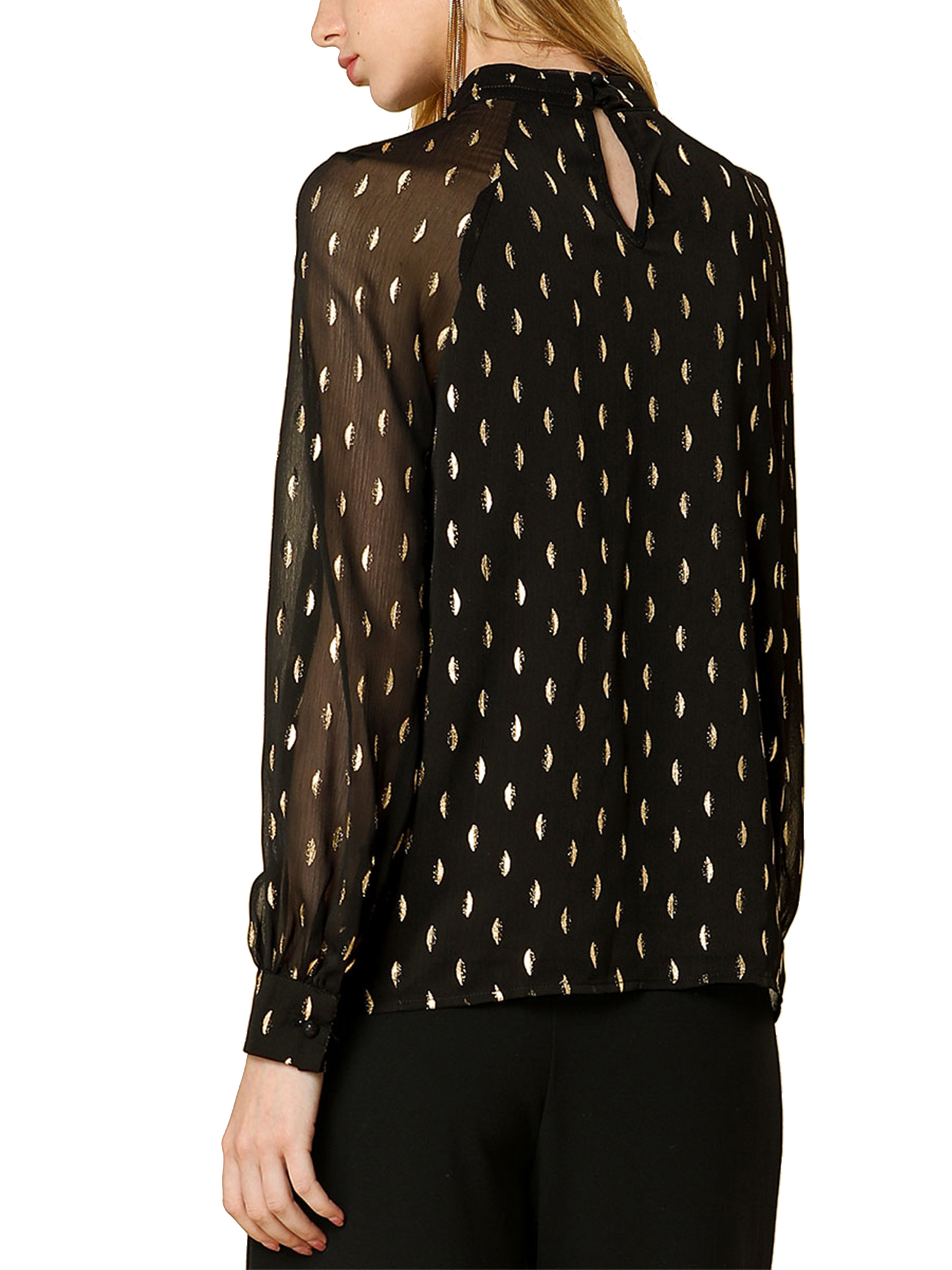 Unique Bargains Women's Cut Out Stand Collar Metallic Dots Blouses Chiffon Shirt Top - image 3 of 7