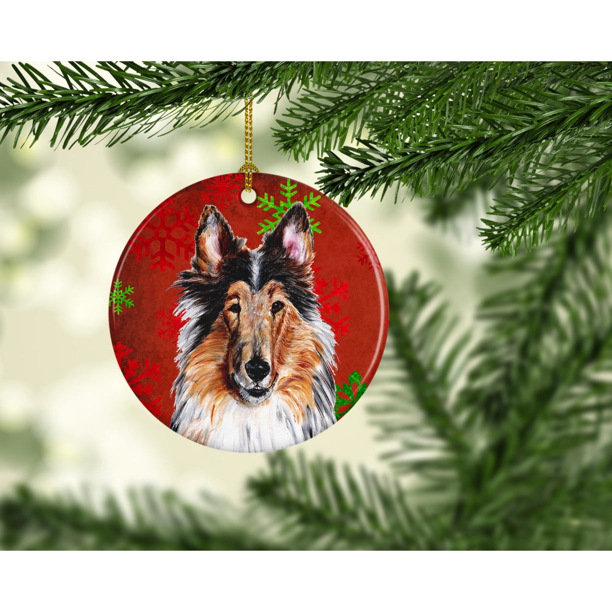 Carolines Treasures SC9742CO1 Collie Red Snowflakes Holiday Ceramic Ornament 3 in multicolor