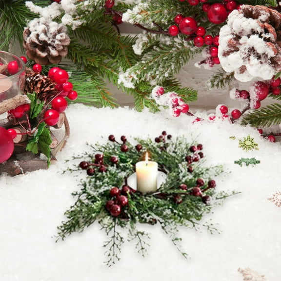 YIKA Christmas Candle Rings Artificial Red Berries Cedarwood Needles Garland Candle Rings For Pillars Wedding Centerpiece Christmas Table Decoration For Front Door D