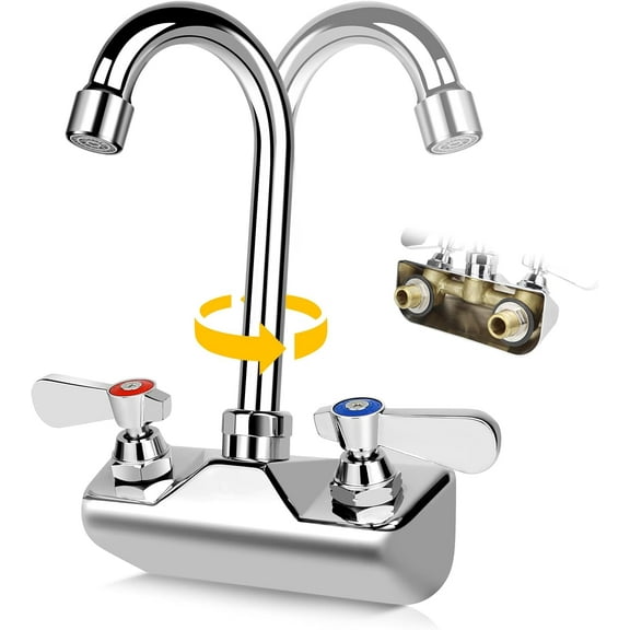 4 Inch Center Commercial Sink Faucet Wall Mount Kitchen Hand Sink Faucet, 1/2" NPT Male Inlet, Brass Constructed & Chrome Polished, with 3-1/2" Gooseneck Spout & Dual Lever Handles