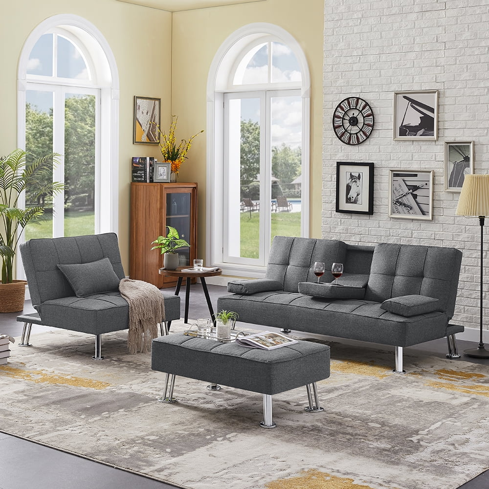 3 Pcs Convertible Fabric Folding Sofa Bed with 2 Cup Holders, Removable Armrest and Metal Legs, Single Sofabed with Ottoman