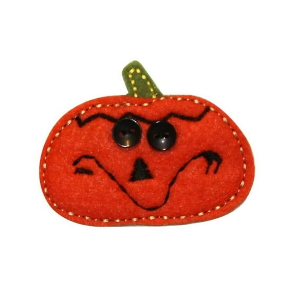 ID 0794A Felt Pumpkin With Buttons Patch Jack Lantern Halloween Iron On Applique