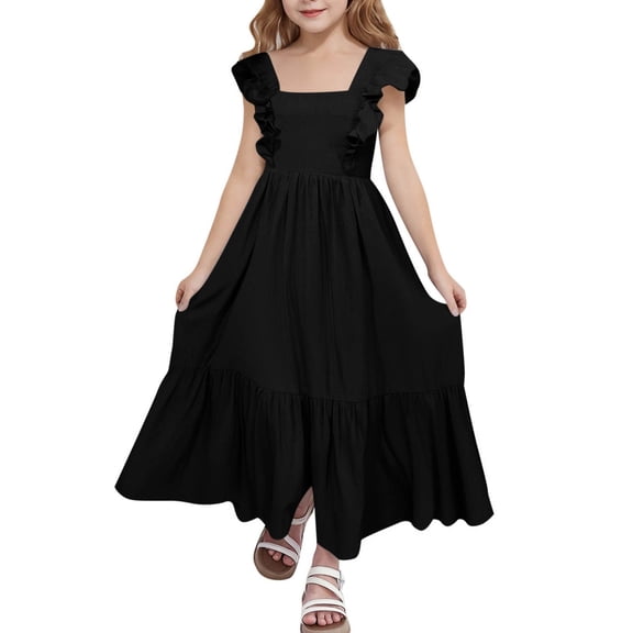 Kiijoy Girls Ruffled Backless Square Neck Dress Casual Solid Tiered Long Dress, Sizes 4-15