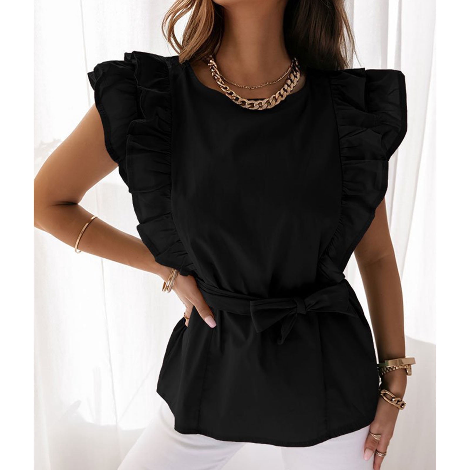 black ruffle shoulder top
