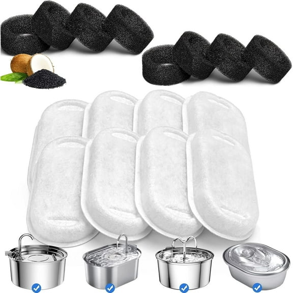 Cat Water Fountain Filters(8 8pcs), Replacement Filters for 3.2L/108oz(2L/ 67oz) Stainless Steel Pet Fountain, Dog Water Fountain, 8pcs Carbon Filters   8pcs Sponges