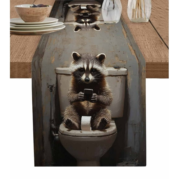 Funny Raccoon Table Runner-Cotton Linen- 120 Inch Holiday Dresser Scarves, Brown Toilet Animals Modern Street Art Tablerunner for Kitchen Coffee/Dining Bedroom Living Room Dinner Scarf Décor 13x120