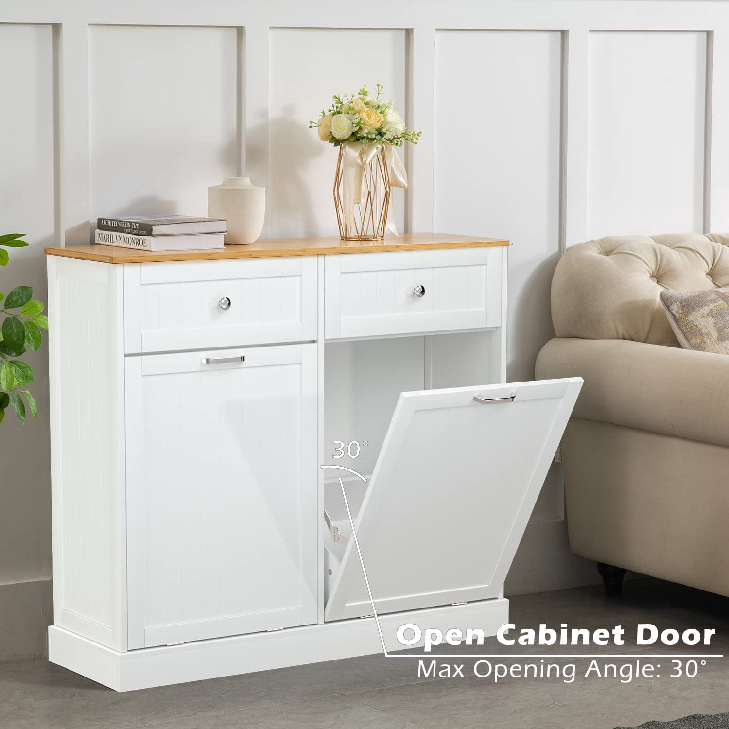 GAZHOME Kitchen Trash Can Cabinet, Double Tilt Out 20 Gallon Garbage Cans Cabinet, White