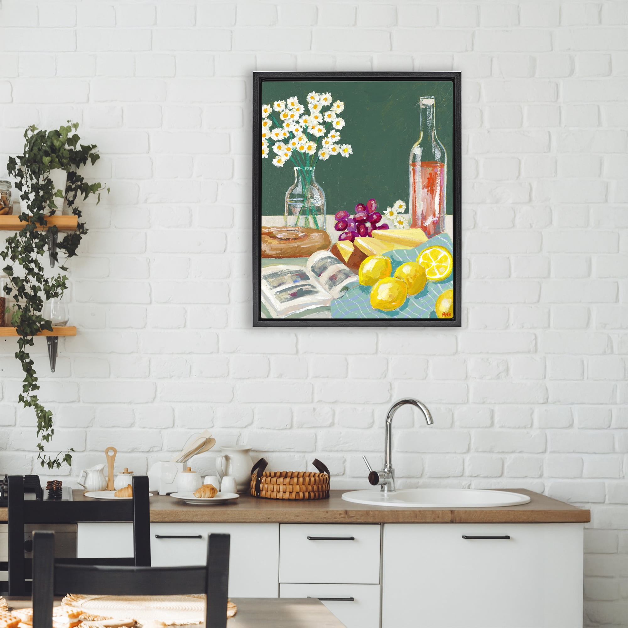 Stupell Industries Cheese, Wine and Lemon Still Life Black Framed Floater Canvas Wall Art, design by Rachael Reese