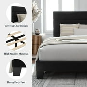 Allewie Queen Size Platform Bed Frame with Velvet Headboard/Fully Upholstered Mattress Foundation, No Box Spring Needed, Black