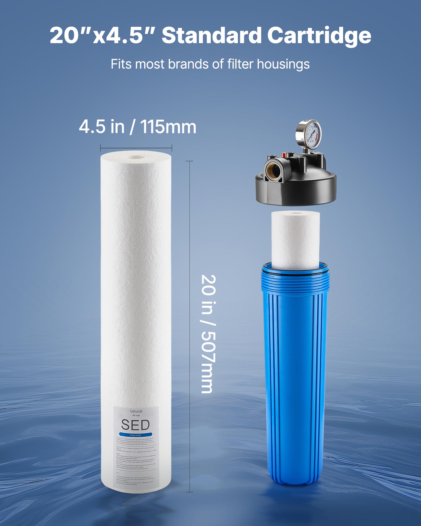 VEVOR Whole House Water Filter Replacement Cartridge, 4.5" x 20" Polypropylene Sediment Filter for 3-Stage Whole Home Water Filtration System, Reduce Sand, Rust, Chlorine, Bad Taste, Odor