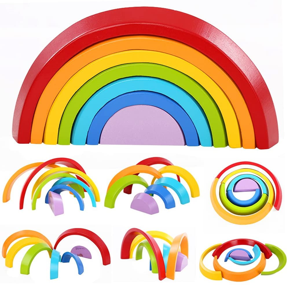 Wooden Rainbow Stacking Game Learning Toy Geometry Building Blocks
