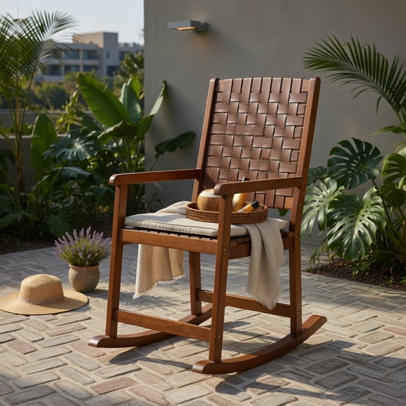Hommoo Rubber Wood Patio Rocking Chair with PU Leather Seat, Indoor & Outdoor Balcony, Backyard, Living Room Rocker, Sturdy, Easy Assembly, Brown