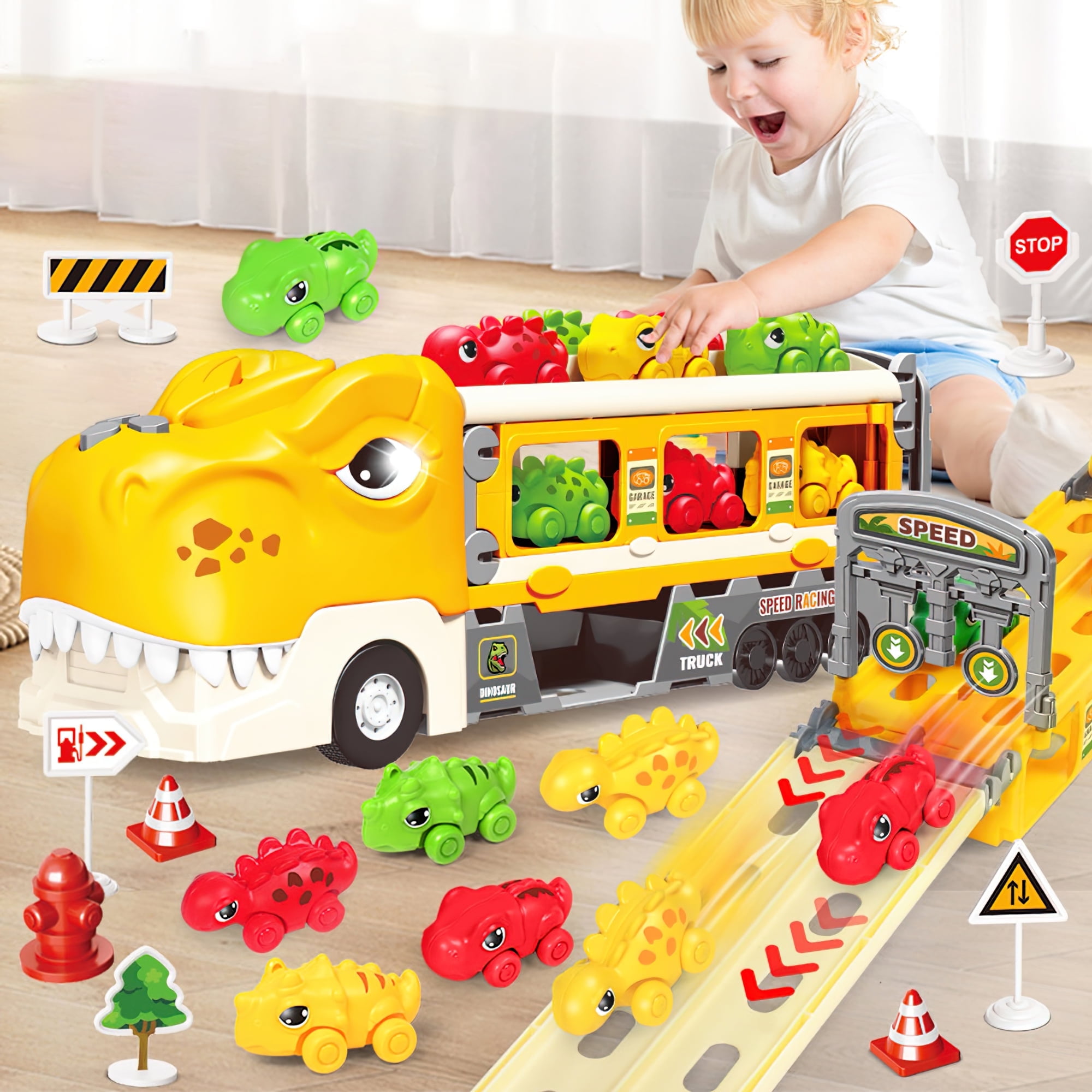 HopeRock Dinosaur Toy, Car Toy for Boys, Dinosaur Carrier Truck with 6 Pack Small Pull Back Dino Car, Christmas Birthday Gift for 1 2 3 4 5+ Boy Kids Toddlers.