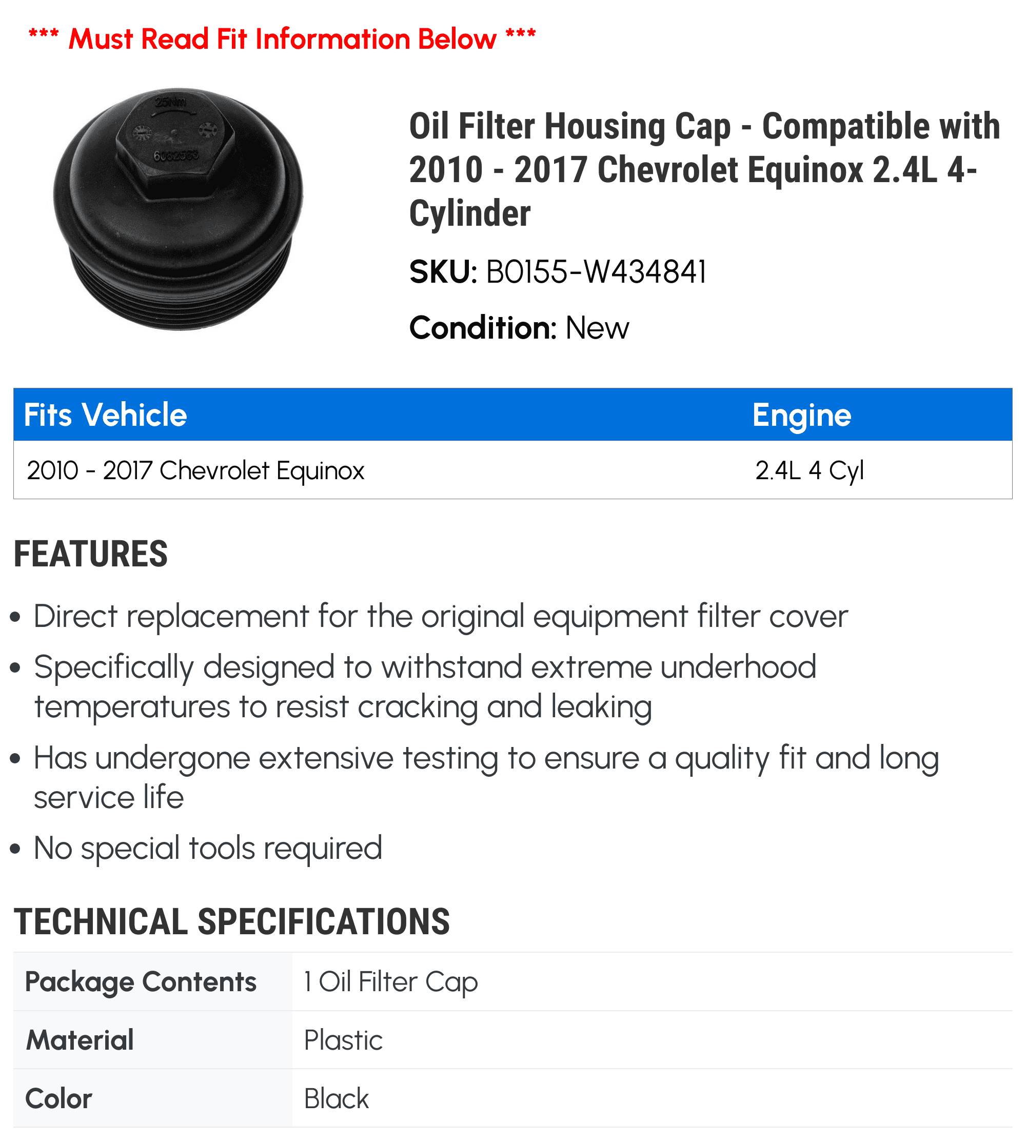 Oil Filter Housing Cap - Compatible with 2010 - 2017 Chevy Equinox 2.4L 4-Cylinder 2011 2012 2013 2014 2015 2016