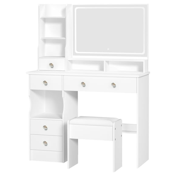 Hicess Vanity Desk with LED Lighted Mirror, Bedroom Dressing Table, Makeup Desk with Stool, 5 Drawers, 7 Open Shelves, 3 Brightness Modes