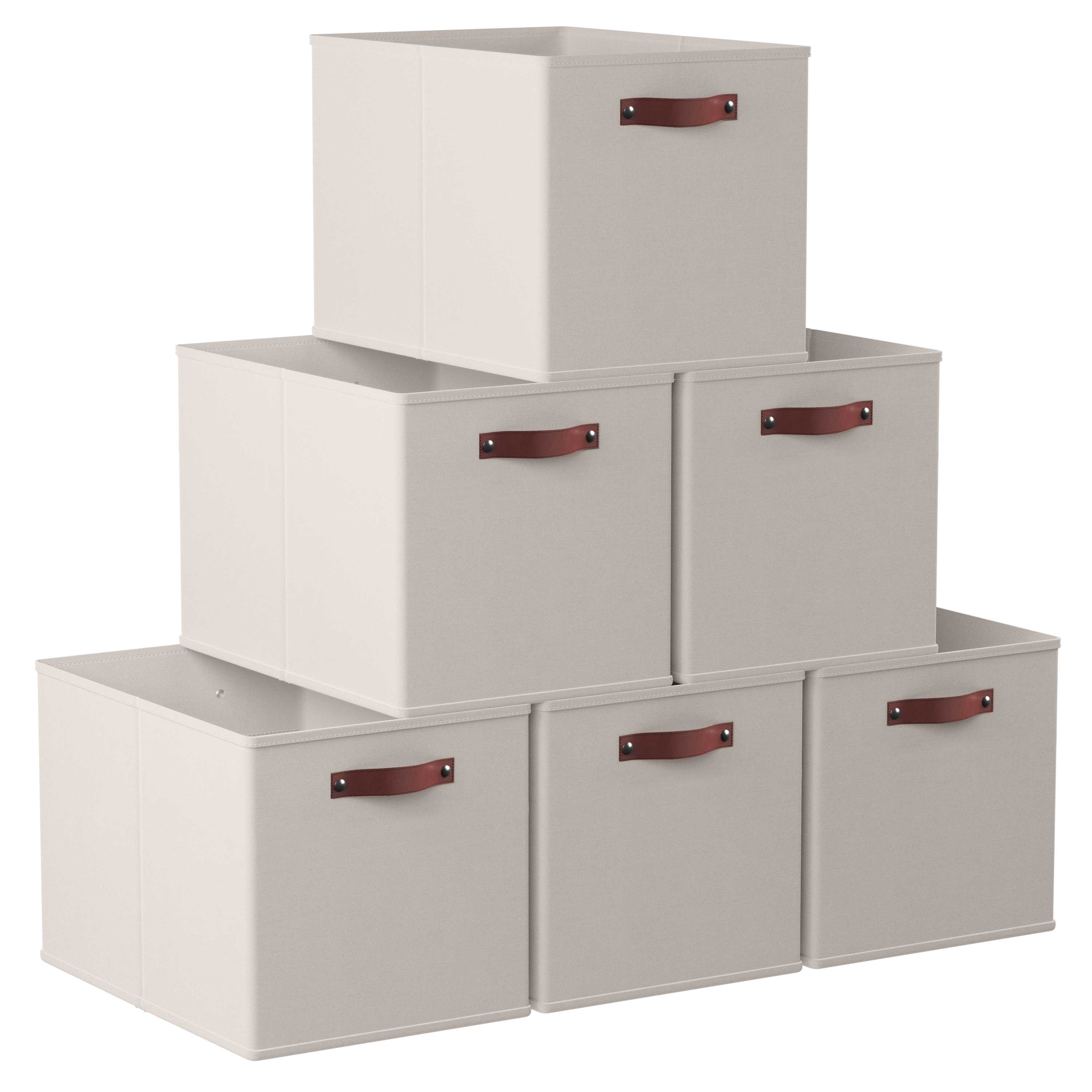 Ornavo Home Foldable Collapsible Storage Box Bins Linen Fabric Shelf Basket Cube Organizer with Leather Handles - Set of 6 - 13 x 15 x 13 - Beige