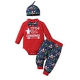 thumbnail image 1 of Qmyliery 3Pcs Baby Boy Christmas Outfit, Long Sleeve Snaps Romper + Santa Print Long Pants + Hat Set for Infants, 0-24 Months, 1 of 8