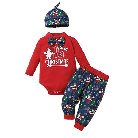 

Qmyliery 3Pcs Baby Boy Christmas Outfit Long Sleeve Snaps Romper + Santa Print Long Pants + Hat Set for Infants 0-24 Months