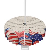 4th of July Tablecloth with Umbrella Hole and Zipper America Flag Heart Round Outdoor Tablecloths 60 Inch Outside Table Cloths Freedom Patio Table Cloth Cover for Independence Day Picnic Garden Decor