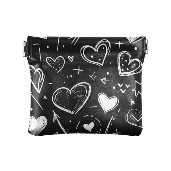 PU Leather Coin Wallet with Snap Closure Clutch Bag Holder Small Wallet Heart on Black Background