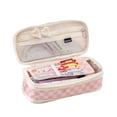 thumbnail image 2 of Expandable Pencil Case with Checkerboard Pattern, Double Zipper Large Capacity Stationery Organizer, Composite Fabric Retractable Pen Pouch for Office & Travel, 1 Pack (8.66" x 4.33" x 2.56") Pink, 2 of 3