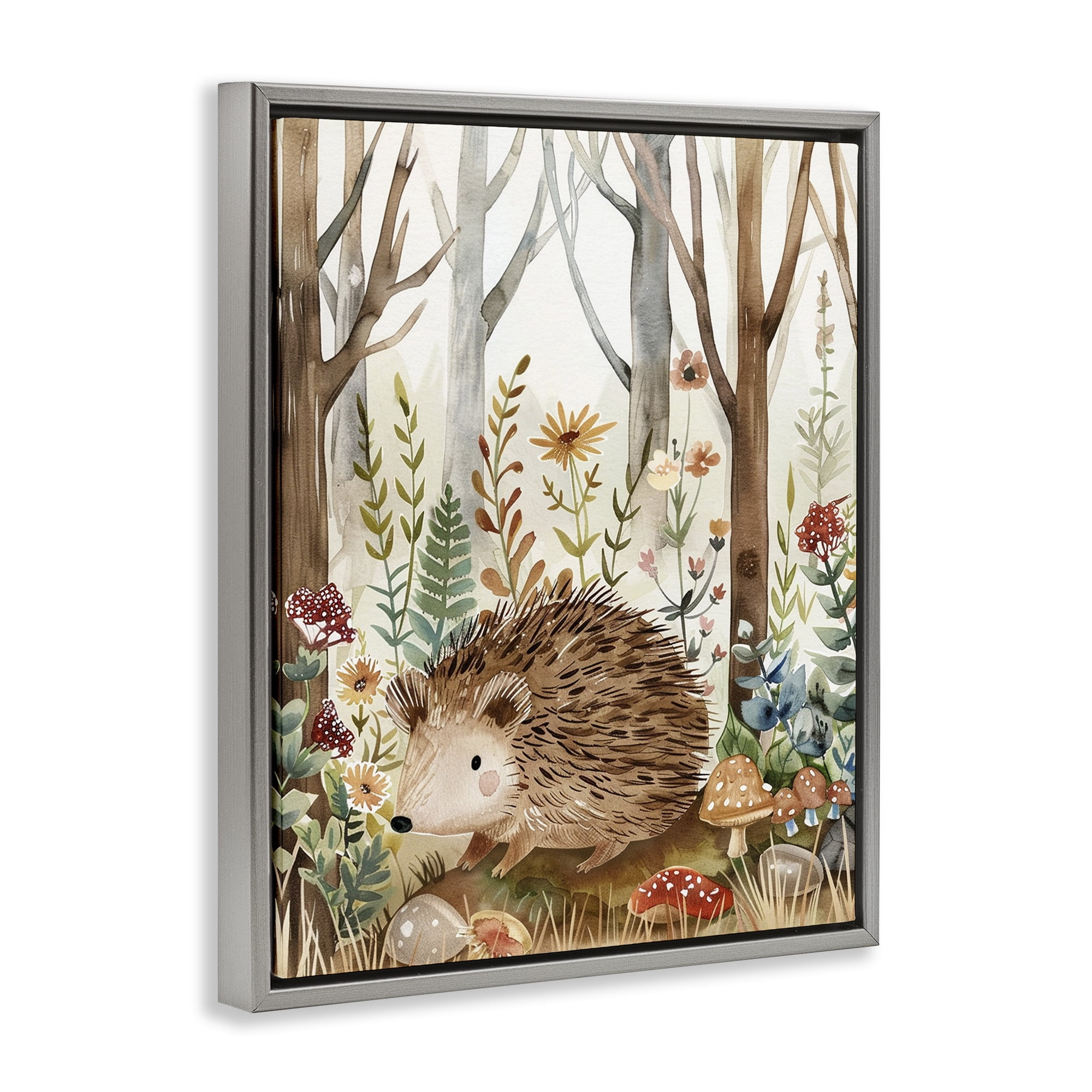 Stupell Industries Soft Woodland Hedgehog Landscape & Nature Painting Gray Floater Framed Canvas Art Print Wall Art, 25 x 31