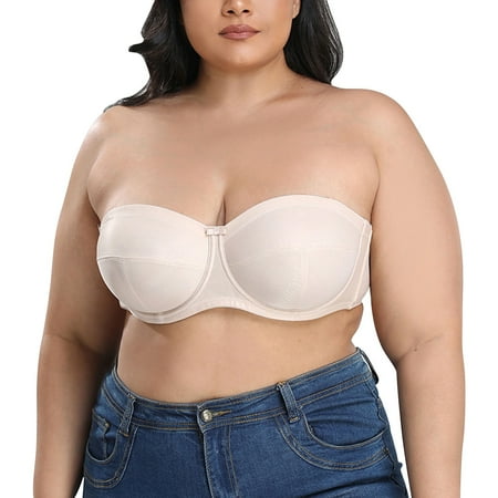 Mifelio Strapless Bra Women s Solid Color Large Lace Bra Underwear Bras for Women Beige 36F