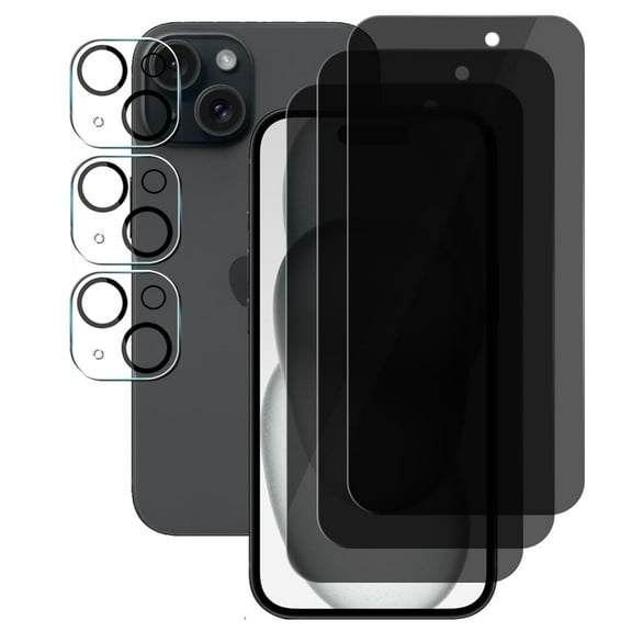 UZWZW for iPhone 15 (6.1") (3 Pack) Anti Spy Private Tempered Glass Privacy Screen Protector and (3 Pack) Camera Lens Protector [Not Affect Flash], Anti Scratch