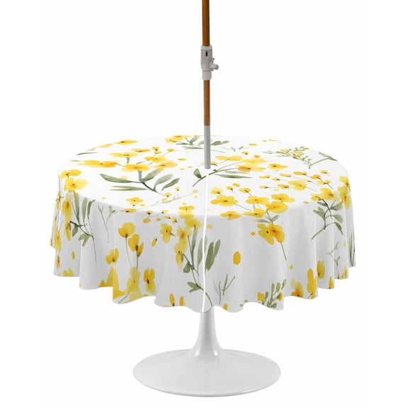 Yellow Flowers Spring Round Outdoor Tablecloth, Waterproof Table Cloth Cover with Umbrella Hole and Zipper, Elegant Farmhouse Botanical Table Protector for Patio Party Picnic 54" Round
