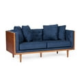 thumbnail image 2 of Noble House Beeson Fabric Tufted Loveseat with Accent Pillows, Navy Blue and Dark Walnut, 2 of 8