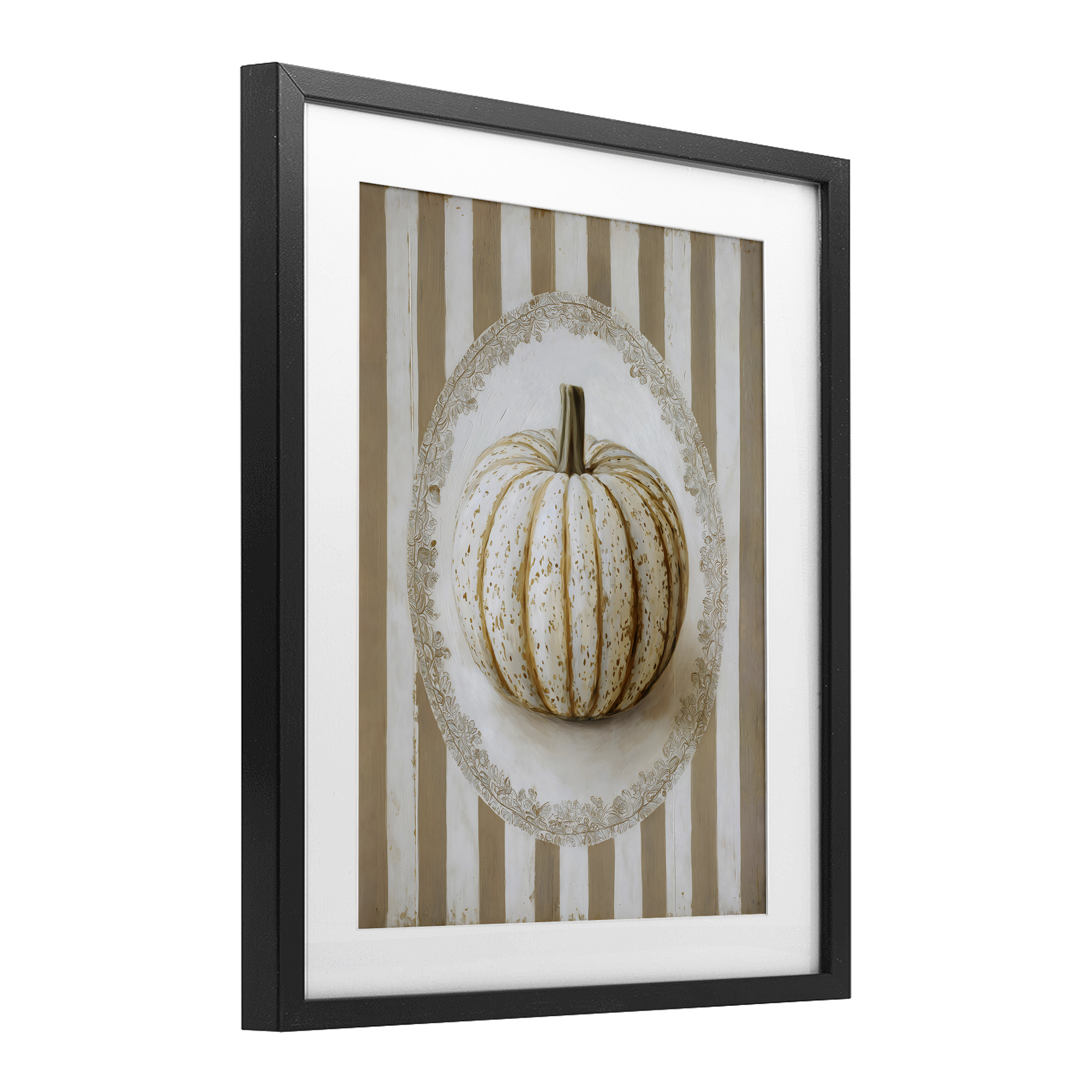 Beige Stripes Pumpkin Black Framed Print Under Glass, design by Arlington Prints