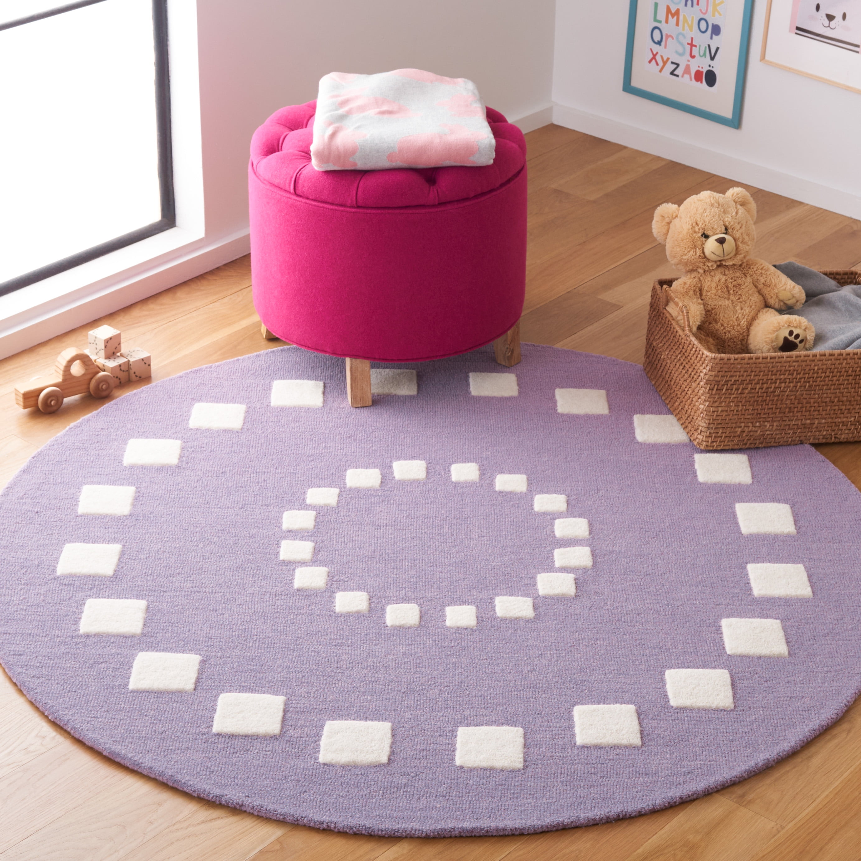 SAFAVIEH Kids Swirling Squares Area Rug, Purple/Ivory, 4' x 4' Round