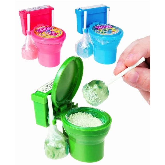 Kidsmania Sour Flush Powder Candy Toilet-Shaped Containers with Lollipop Dipper Tangy Green Apple Strawberry Blue Raspberry Flavors 3-Pack