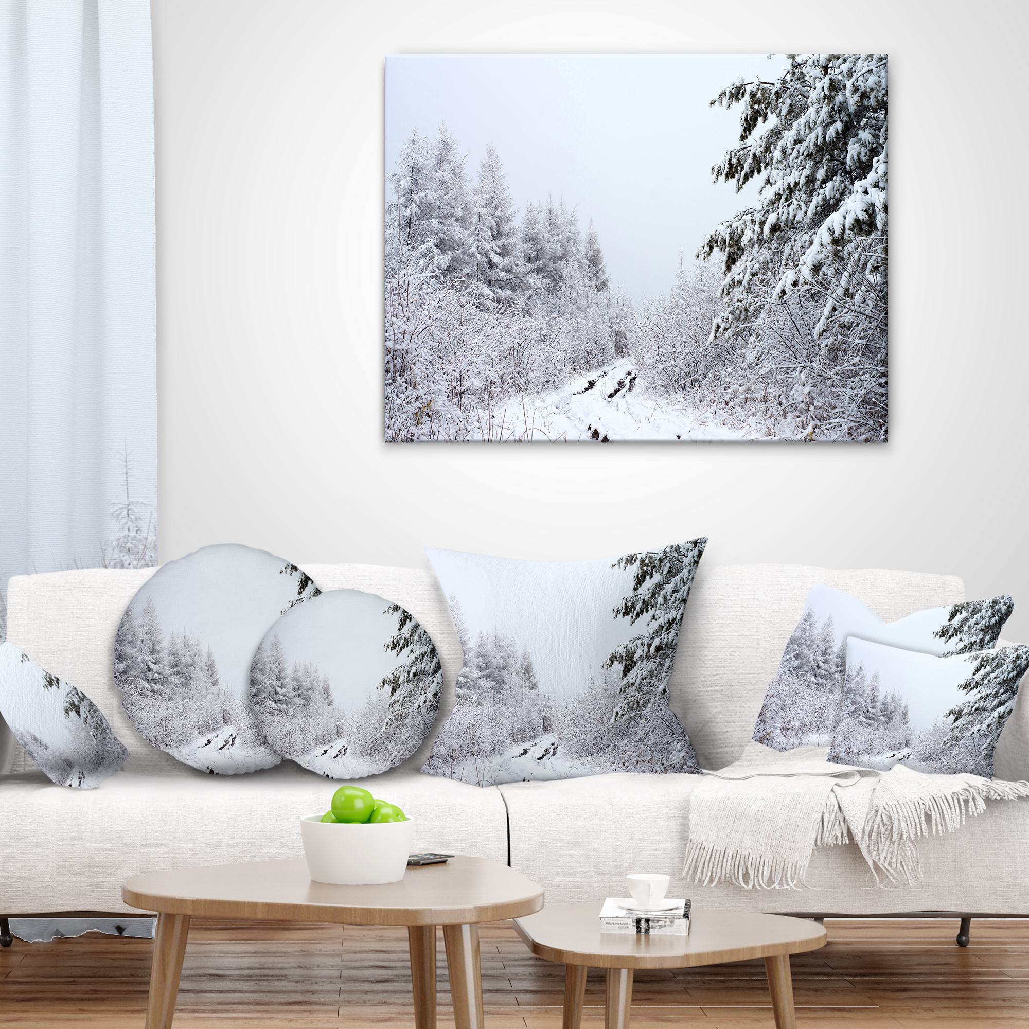 Designart Frosted Forest Trail in Fall - Landscape Photo Throw Pillow - 12x20