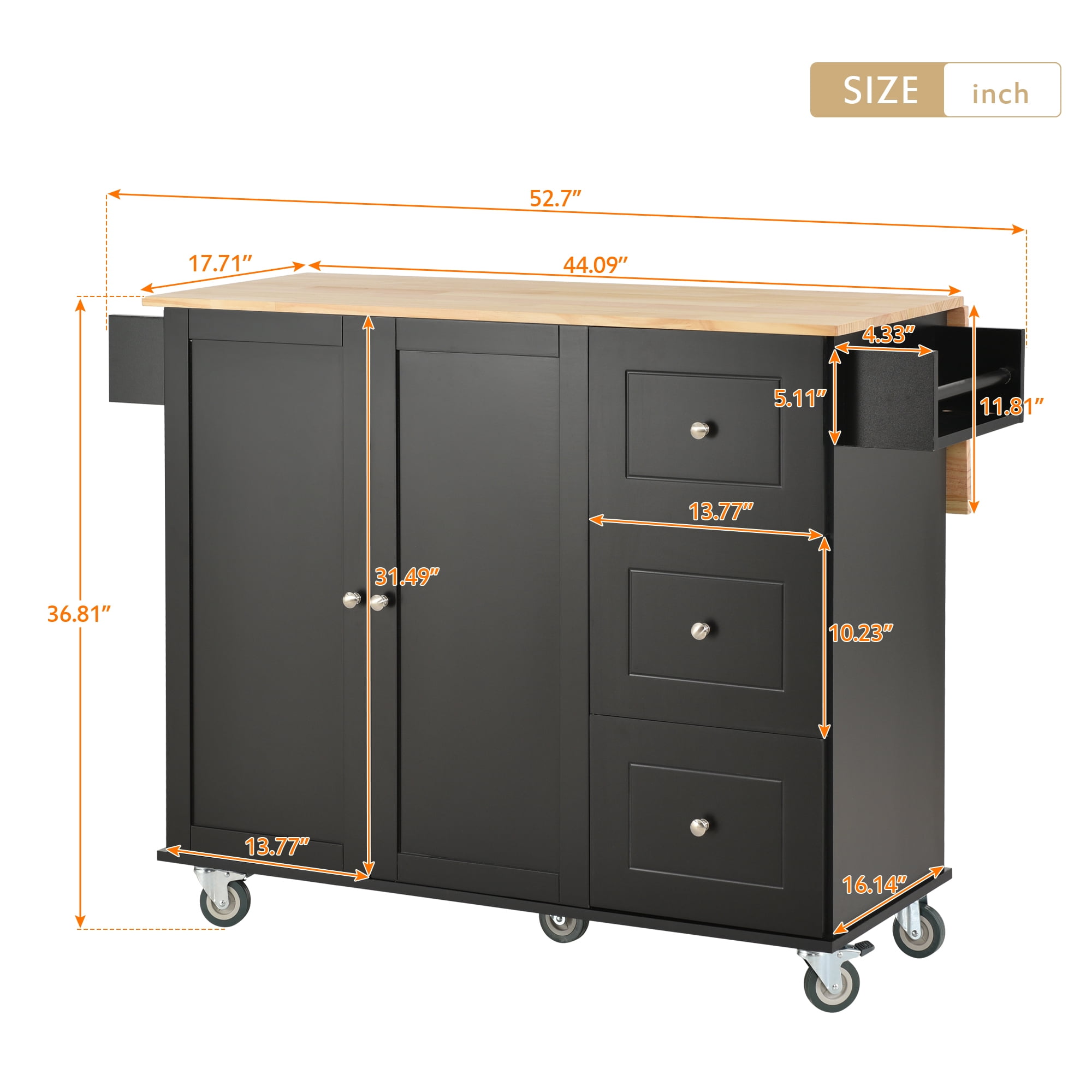 DEALTOPS Rolling Kitchen Islands with Storage Cabinet, Black, 52.76 in