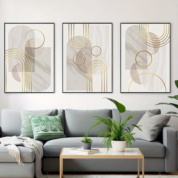 3pcs Modern Abstract Wall Art Set - Golden Marble Geometric Canvas Prints in Beige, Brown, Golden & White | Minimalist Large Wall Decor for Living Room, Kitchen, Office | Unframed Neutral Posters fo