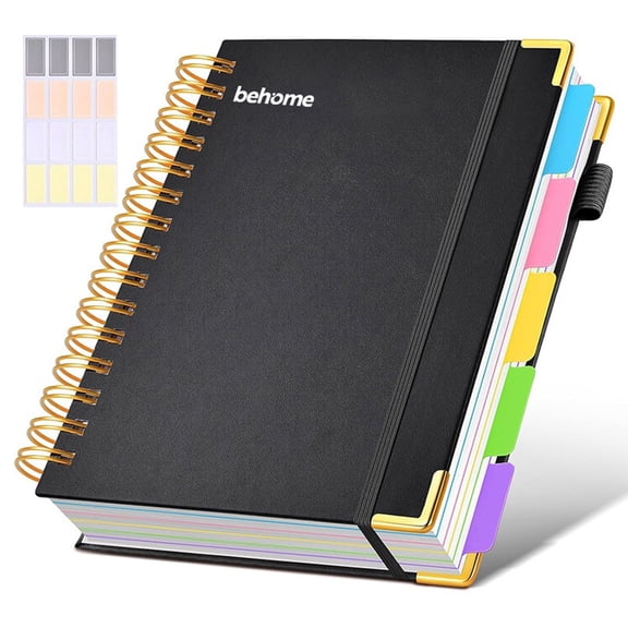 Behome Lined Spiral Notebook,6”x8” College Ruled Notebook with 16 Tabs,300 Pages Hardcover Leather Journals for School,Work, 100GSM Thick Paper, Back Pocket,Black