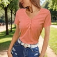 thumbnail image 2 of Womens T Shirts Loose Fit Ladies Short Sleeve Basic V Neck Cute Summer Tops Button Down Slim Fit Oversized Tshirts Red S, 2 of 4