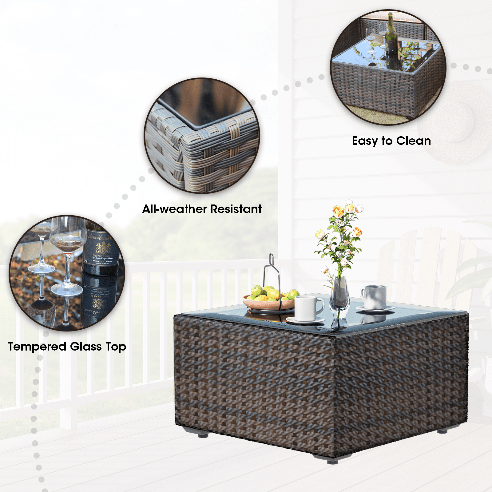 TANGJEAMER 5 Piece Patio Furniture Set, All Weather Outdoor Sectional PE Rattan, Patio Conversation Sets with Cushions and Glass Coffee Table for Garden Lawn Balcony Porch Deck,Blue