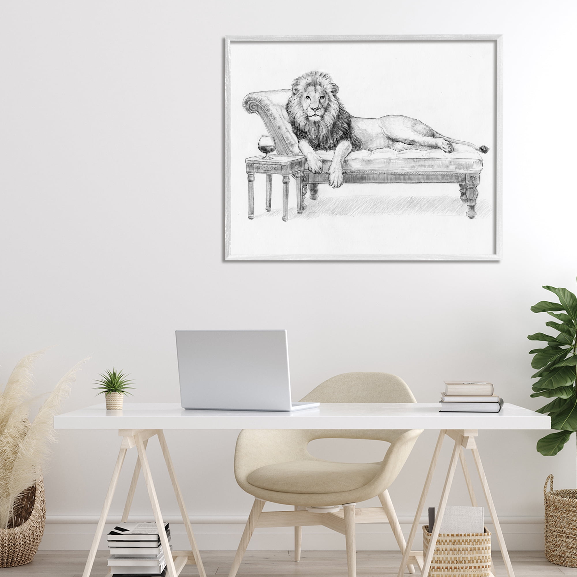 Stupell Industries Lounging Beast Lion White Framed Giclee Art, design by Victoria Barnes
